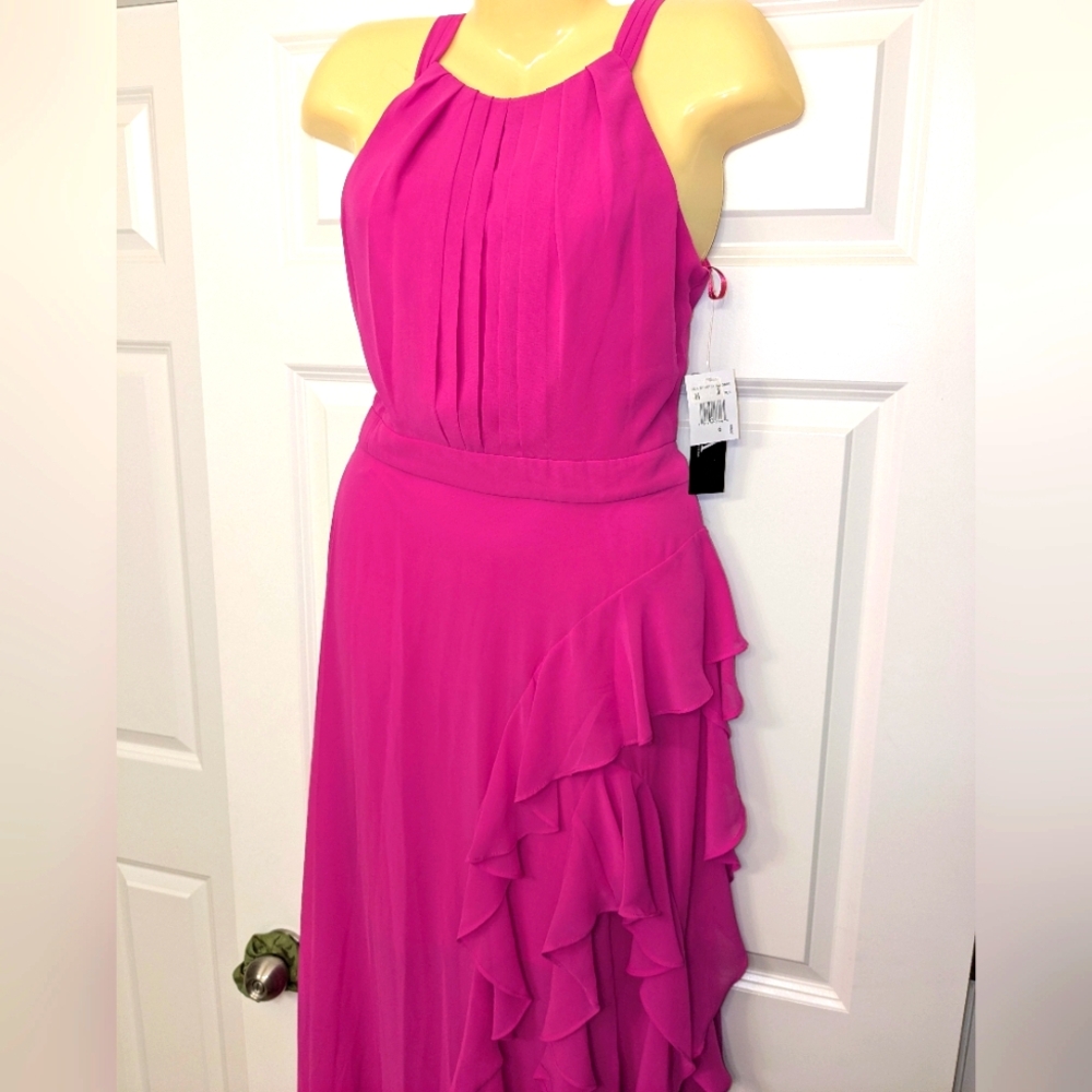 Betsy and Adam maxi pink dress sz 6 Sm M Ruffle Flowing Chiffon